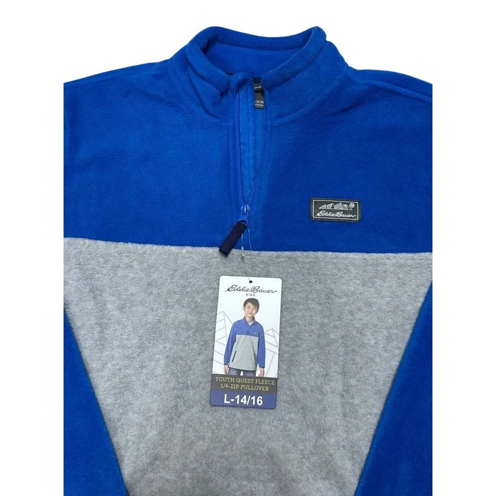 Eddie Bauer Quest Fleece Pullover Youth L 14/16 Blue Grey Colorblock 1/4 Zip